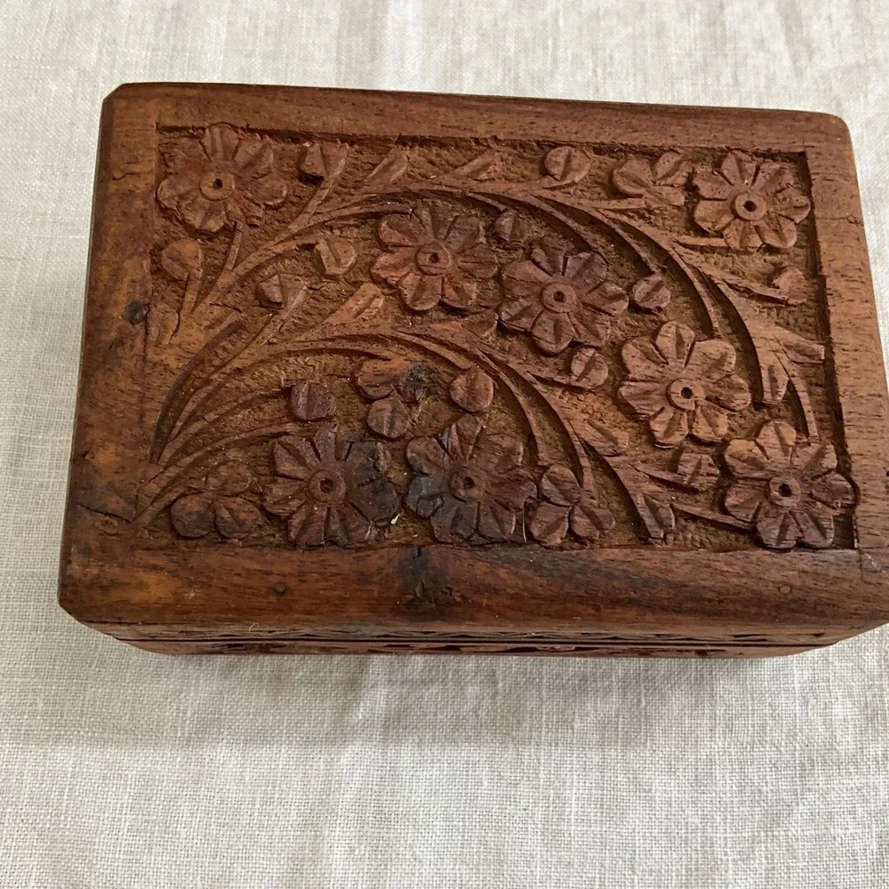 Hand Carved Wooden Jewelry Trinket Box Floral Vine Design Blue Velvet Lining